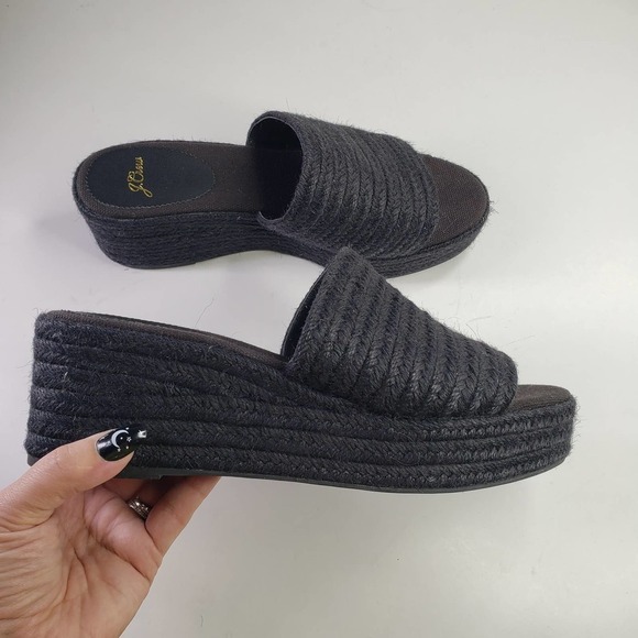 J.Crew Platform Wedge‎ Espadrilles Wedge Slide Sandals 10 Black Jute - Picture 2 of 7